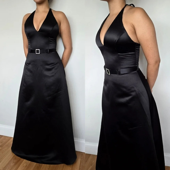 Scott McClintoch Vintage Black Tie Satin Gown‎ Rhinestone Buckle Belted Size 8 - Picture 1 of 15